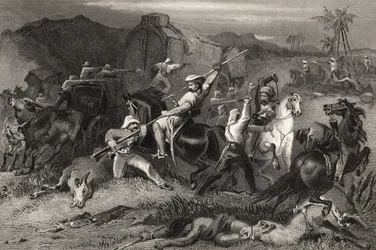 Nattsortering och attack mot bagagevagnar, från "The History of the Indian Mytery" publicerad 1858