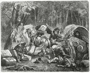 Adelsmän plundrar resande köpmän, 1882