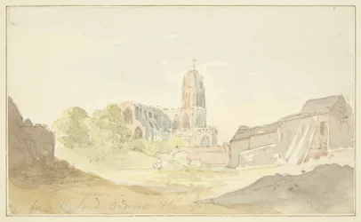 Nordostvy av St Mary Redcliffe från Harford Anderson Garden (penna och akvarell på papper)