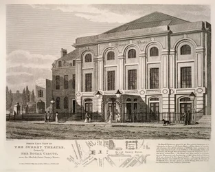 North East View of Surrey Theatre, tidigare The Royal Circus nära obelisken, Great Surrey Street, 1814