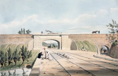 North Midland line under Cromford Canal vid Bull Bridge, publicerad av Day und Haghe (färg litho)