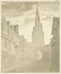 North view of St Mary Redcliffe Church från Redcliffe Street (penna och akvarell på papper)