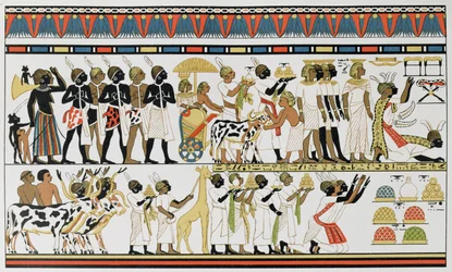 Nubiska hövdingar som ger gåvor till kungen av Egypten, kopia av en fornegyptisk väggmålning från en grav i Thebe, ca 1380 f.Kr., från The History of Mankind, Vol.III, av Prof. Friedrich Ratzel, 1898