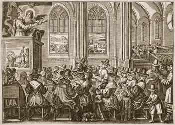Oliver Cromwell predikar för en puritansk församling, illustration från The Church of England: A History for the People av H.D.M. Spence-Jones, pub. ca 1910 (sepiafoto)