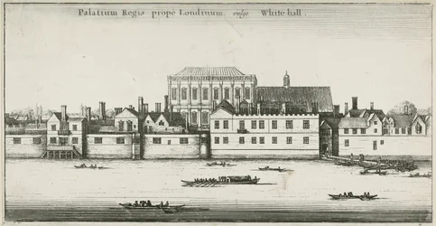 Palace of Whitehall från Themsen, Westminster, London, Storbritannien (etsning)