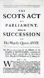 Broschyr som tillkännager "The Scots Act of Parliament, som avgör arvsföljden på Hennes Majestät Drottning Anne" 11 april 1689