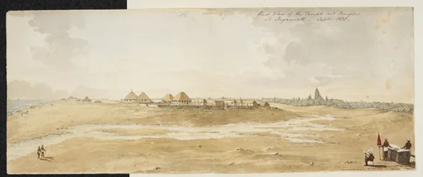 Panorama över Jagannaths stora tempel, Puri (Orissa), taget från väster, som visar europeiska bungalower i förgrunden vid havet, september 1820 (akvarell på papper)