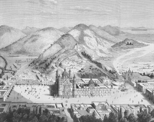 Panoramautsikt över Basilica de Guadalupe, Mexico City 1880-talet (gravyr)