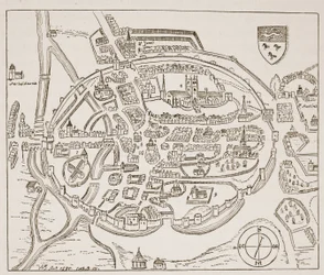 Panoramautsikt över Canterbury på 1500-talet, illustration från The Church of England: A History for the People av H.D.M. Spence-Jones, pub. ca 1910 (sepiafoto)