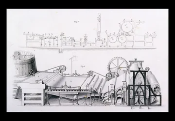 Pappersmaskin från Cyclopaedia of Useful Arts & Manufactures, redigerad av Charles Tomlinson, ca 1880-talet