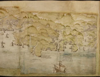 Del av en panoramakarta över kusten från Lands End till Exmouth, ca 1539 (penna och bläck med tvätt på papper)