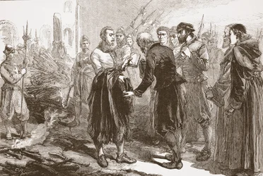 Avsked mellan Patrick Hamilton och hans vänner på bål, illustration från The History of Protestantism av James Aitken Wylie (1808-1890), pub. 1878