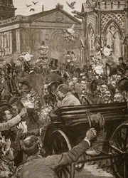 "Peace with honour", mottagning av Lord Beaconsfield och Lord Salisbury vid Charing Cross, illustration ur "Cassell