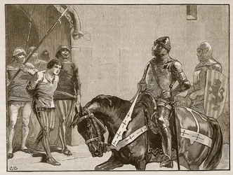 Piers Gaveston före Earl of Warwick, illustration från Cassells Illustrated History of England (sepiafoto)