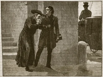 Pius IX lämnar Vatikanen i förklädnad, 1848, illustration från Cassells Illustrated History of England (sepiafoto)