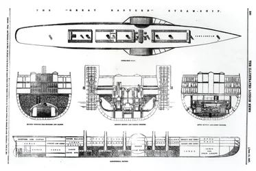 Plan och tvärsnitt av Great Eastern ångfartyget, 1857