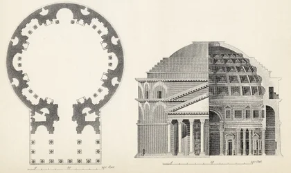 Plan och fasadritning av Pantheon i Rom, ur The National Encyclopaedia, utgiven av William Mackenzie, London, sent 1800-tal