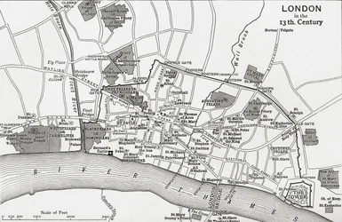 Karta över London på 1200-talet, ur ”A Short History of the English People” av J. R. Green, utgiven 1893