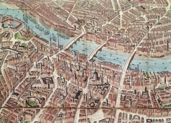 Plan över London med utsikt mot Southwark (handfärgad gravyr)