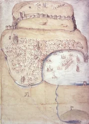 Plan över Scarborough och dess försvar, c.1540 (färg litho)