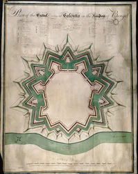 Plan över citadellet i Calcutta och Fort William, Ostindiska kompaniets befästa lager, ca 1750 (penna & bläck & akvarell på papper)