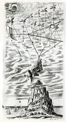 Plane, illustration från frontispicen av The man in the moone eller en diskurs om en resa dit av Domingo Gonsales, the speedy Messenger av Francis Godwin (1562-1633), publicerad postumt i