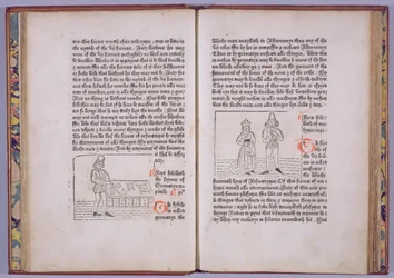 Plåt C5v-C6r, från "Hier begynneth the book callid the myrrour of the worlde" av William Caxton, 1481 (träsnitt och boktryck)