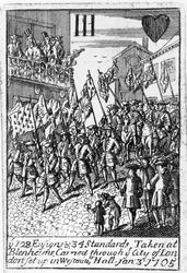 Spelkort som visar fänrikarna och standarderna tagna i Blenheim, bärs genom City of London, 3 januari 1705