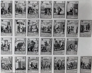 Spelkort som skildrar episoder från den härliga revolutionen 1688-89, ca 1689