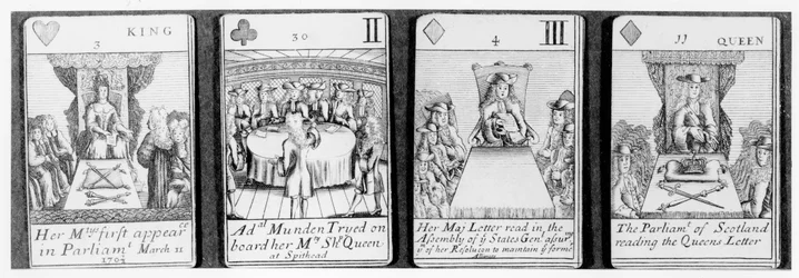 Spelkort som skildrar händelser tidigt under drottning Annes regeringstid, från en uppsättning till minne av det spanska tronföljdskriget (1702-13)