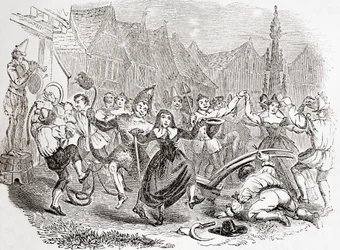 Plogmåndagsfirande, dansen av Bessie och Clownen, från Gamla England: Ett bildmuseum, pub. 1847
