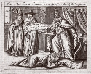 Pope Alexander trampar på halsen av kejsar Fredrik, illustration från Acts and Monuments av John Foxe, nionde upplagan, pub. 1684