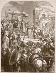 Påven Urban II predikar det första korståget på marknadsplatsen i Clermont, 1096, illustration från Cassells Illustrated History of England (sepiafoto)