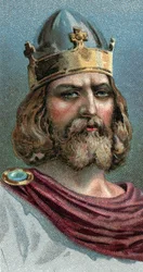 Porträtt av Alfred den store (Alfred den store, 849-899), kung av Wessex, 800-talet e.Kr. - Från serien "" Leaders of Men""" - Kromolitografi - Engelska skolan, 1900-talet -