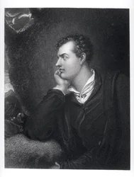 Porträtt av George Gordon, 6:e Lord Byron av Rochdale (1788-1824) (gravyr) (s/v foto)