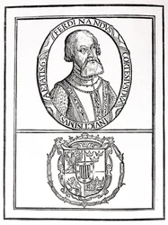 Porträtt av Hernan Cortes (1485-1547) och hans armar, från 