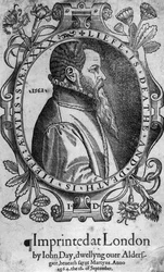 Porträtt av John Day, frontispice till Foxes Book of Martyrs, 1564