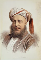 Porträtt av Sayyid Barghash (ca 1834-88), Sultanen av Zanzibar (litho i färg)