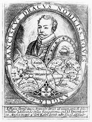 Porträtt av Sir Francis Drake (ca 1540-96) vid 43 års ålder, graverad av Jodocus Hondius (1567-1611)