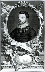 Porträtt av Sir Francis Drake (ca 1540-96) graverad av Jacobus Houbraken (1698-1780) (gravyr) (bw foto)