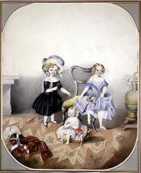 Porträtt av tre blåögda flickor i finklänning, ca 1840 (akvarell på papper)