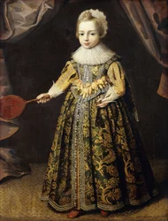 Porträtt av en 3-årig pojke, stående i helfigur, i en grön klänning broderad med guld, en spetsmössa och pipkrage, hållande ett slagträ och en fjäderboll, 1605