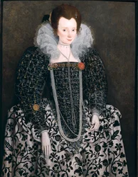 Porträtt av en kvinna, traditionellt identifierad som Mary Clopton (född Waldegrave) från Kentwell Hall, Suffolk, omkring 1600.