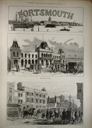 Portsmouth: Järnvägsstationen och High Street, Government House, från "The Illustrated London News", 8 april 1882