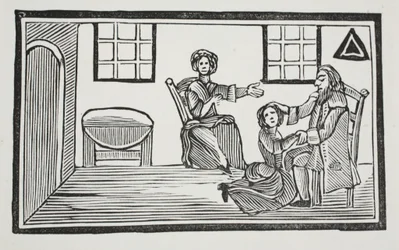 Pretty Bessie tar emot sin fars välsignelse när hon ska söka sitt eget försörjning, illustration från Chap-books of the Eighteenth Century av John Ashton, pub. 1882