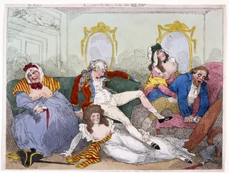 Prince Regent in a Debauched State (handfärgad gravyr)