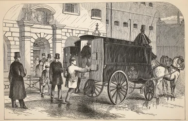 Prison van som tar emot fångar i House of Detention, illustration från The Criminal Prisons of London och Scenes from Prison Life av Henry Mayhew och John Binny, pub. 1862