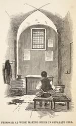 Fånge på jobbet gör skor i separat cell, illustration från The Criminal Prisons of London och Scenes from Prison Life av Henry Mayhew och John Binny, pub. 1862