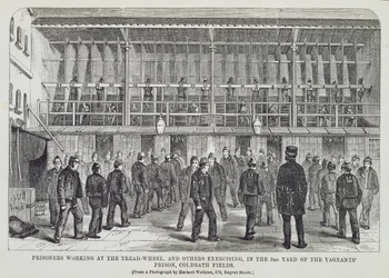 Prisoners Working at the Tread-Wheel och andra som tränar i 3rd Yard of the Vagrants Prison, Coldbath Fields, från The Criminal Prisons of London och Scenes of Prison Life av Henry Mayhew (1812-