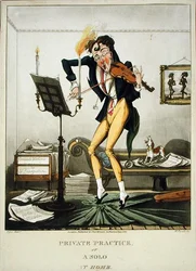 Private Practice or A Solo at Home, graverad av Henry Pyall (1795-1833), publicerad av Thomas McLean, London